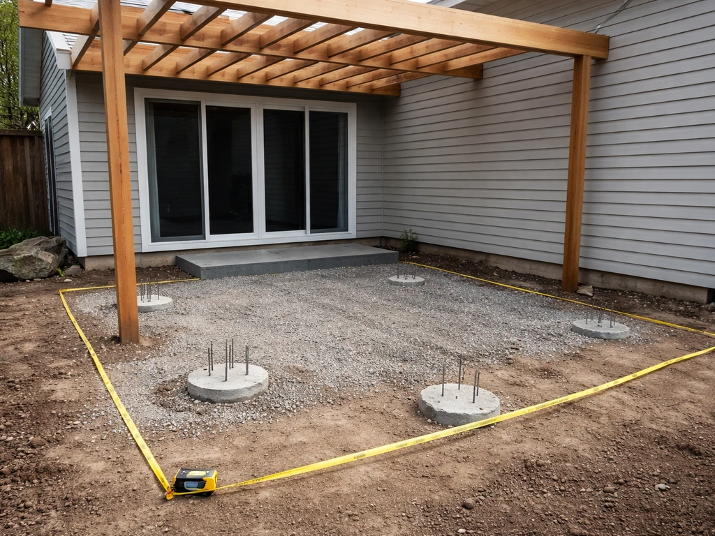 Backyard patio under construction with framed pergola, exposed footings, and a tape measure on gravel