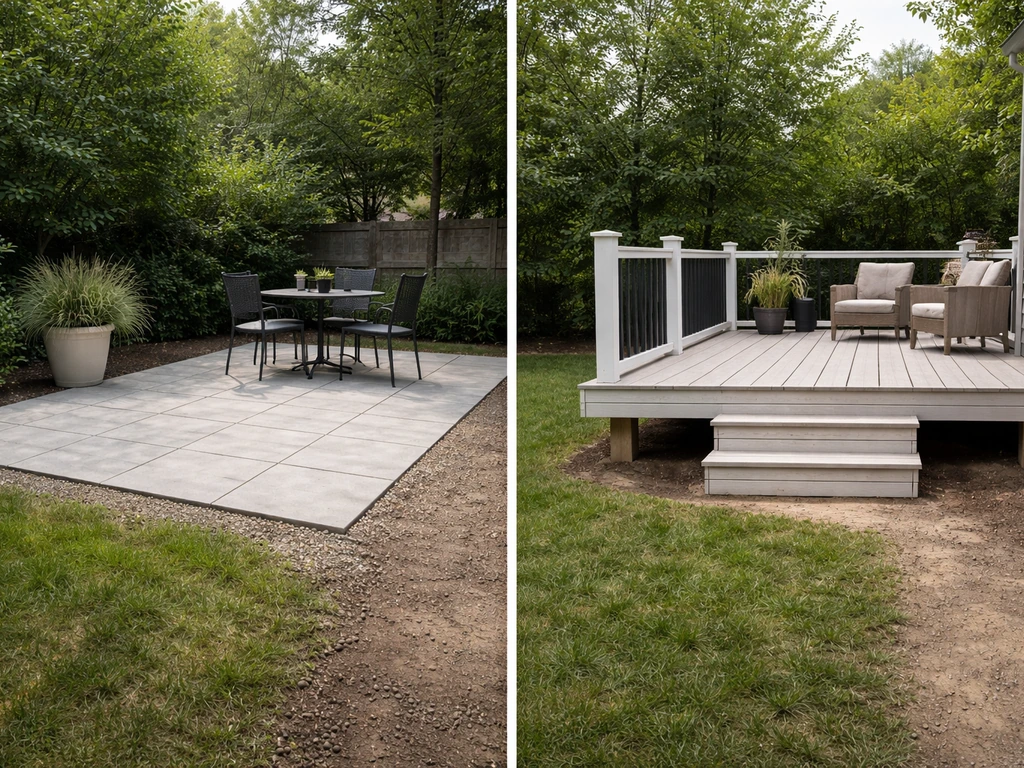 Split-view photo of a ground-level uncovered detached patio and a raised elevated deck side by side.