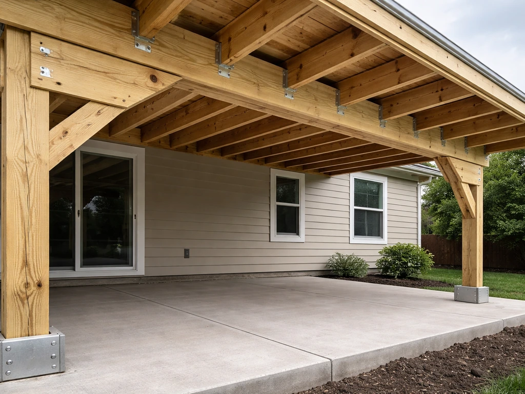 Construction framing for a covered patio roof attached to a concrete slab