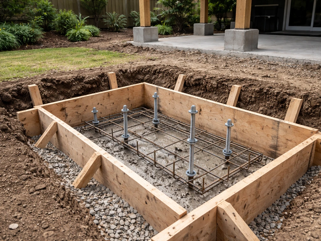 Rebar and anchor bolts set in a concrete footing with wooden formwork for an elevated covered patio.