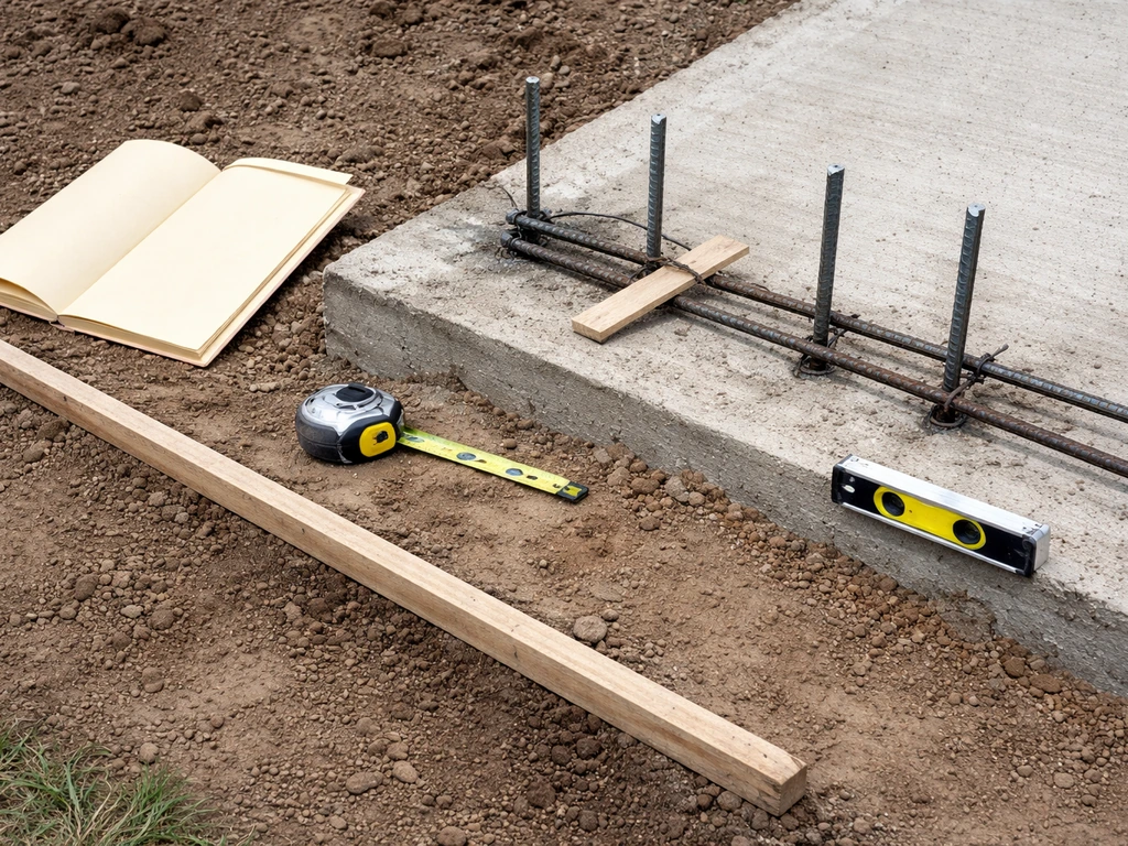 Minimal patio construction inspection scene showing footing, rebar/fasteners, and drainage slope mismatch indicators