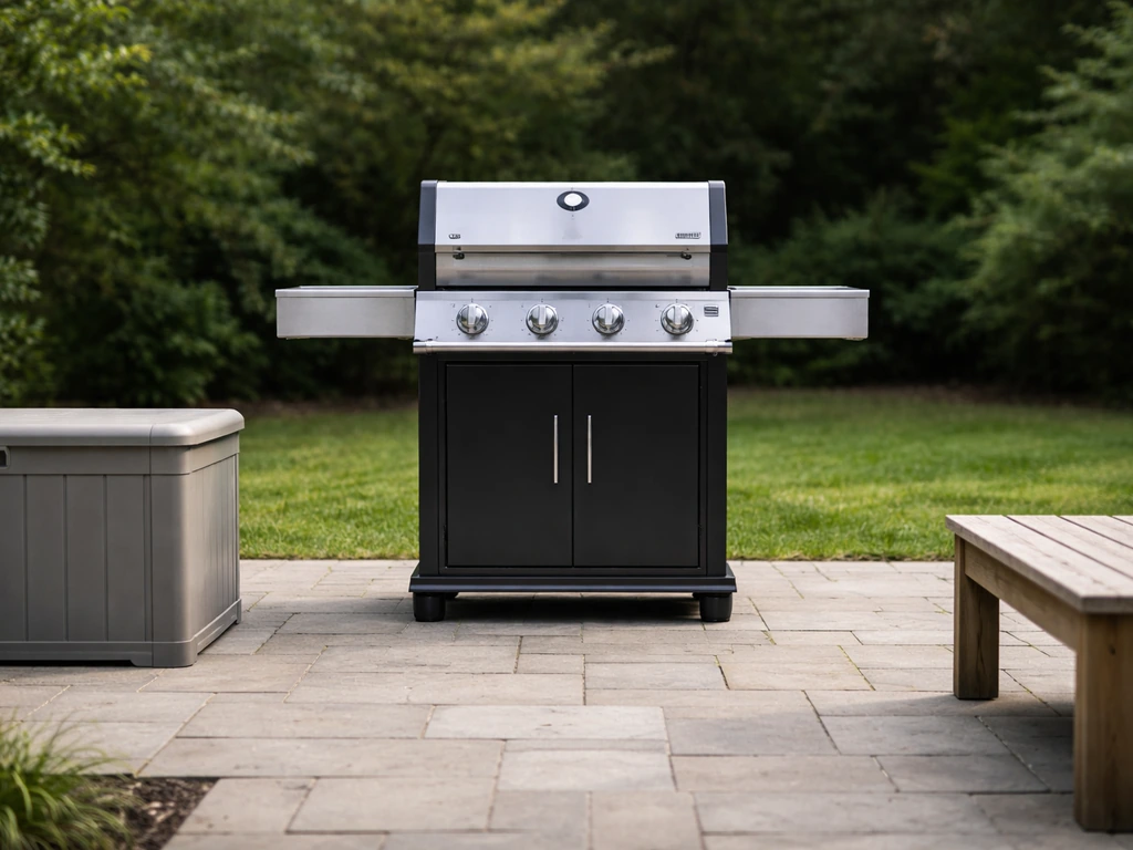 Patio grill with nearby outdoor items spaced to suggest safe clearance from combustibles.