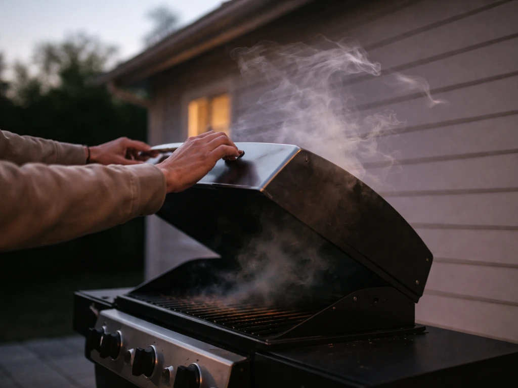 Patio barbecue grill lid opening away from the house as smoke drifts with the wind direction.