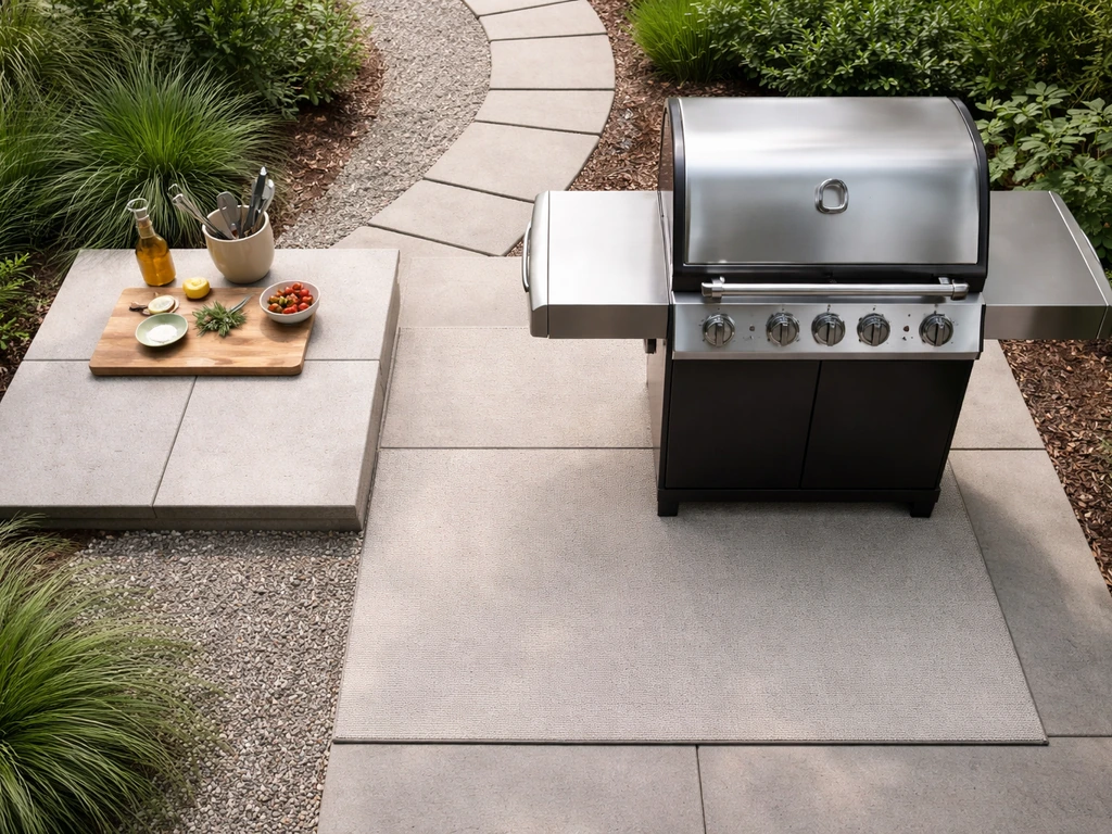 Top-down view of an outdoor patio grill with clear prep and landing space plus open traffic path.
