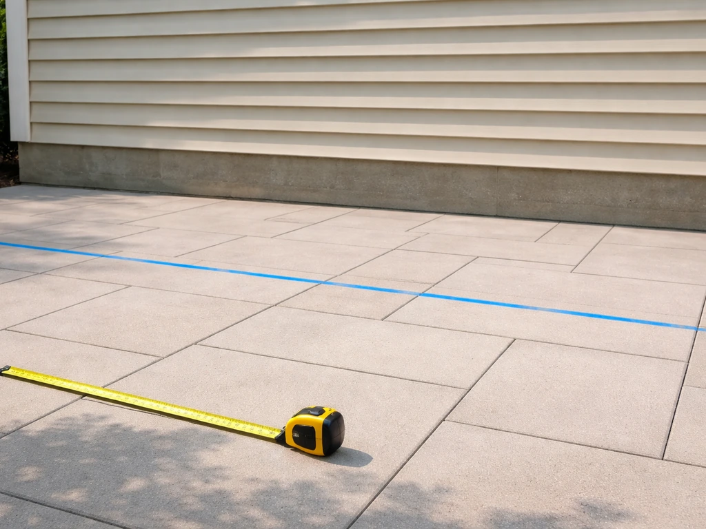 Patio with painter’s tape/chalk line exactly 10 feet from a house wall for placing a grill