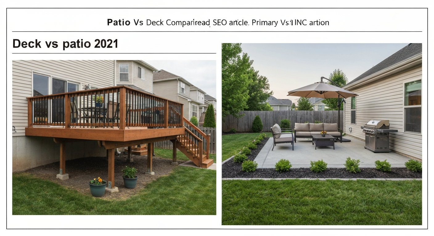 Split backyard photograph showing a raised wooden deck attached to a house on the left and a ground-level concrete/paver patio with outdoor furniture on the right.
