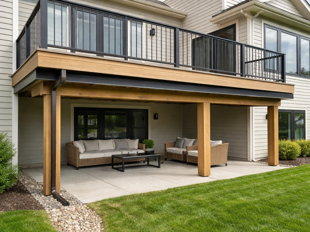 Elevated wooden deck built over a covered backyard patio with visible waterproofing and drainage details.