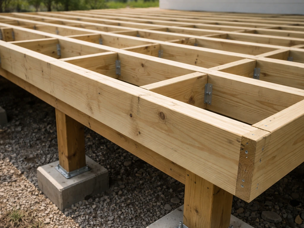 Close-up of elevated deck framing with joists and beams above a patio opening.