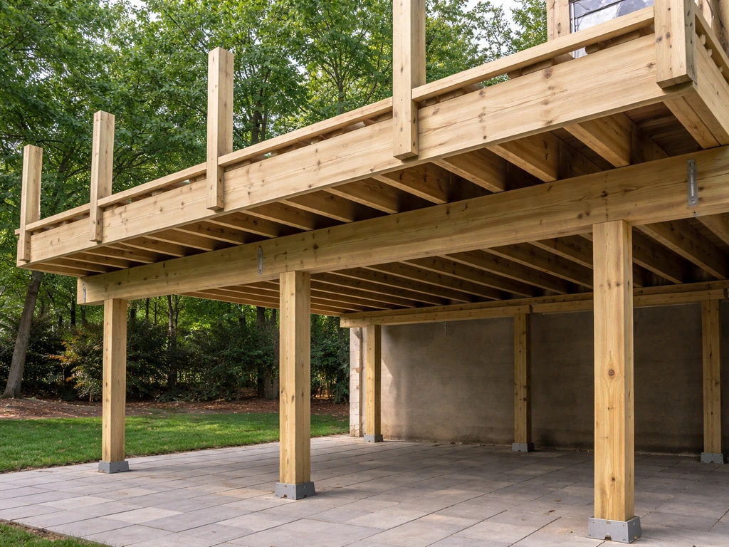 Minimal view of an elevated deck frame with visible joists, posts, and guardrail over a patio