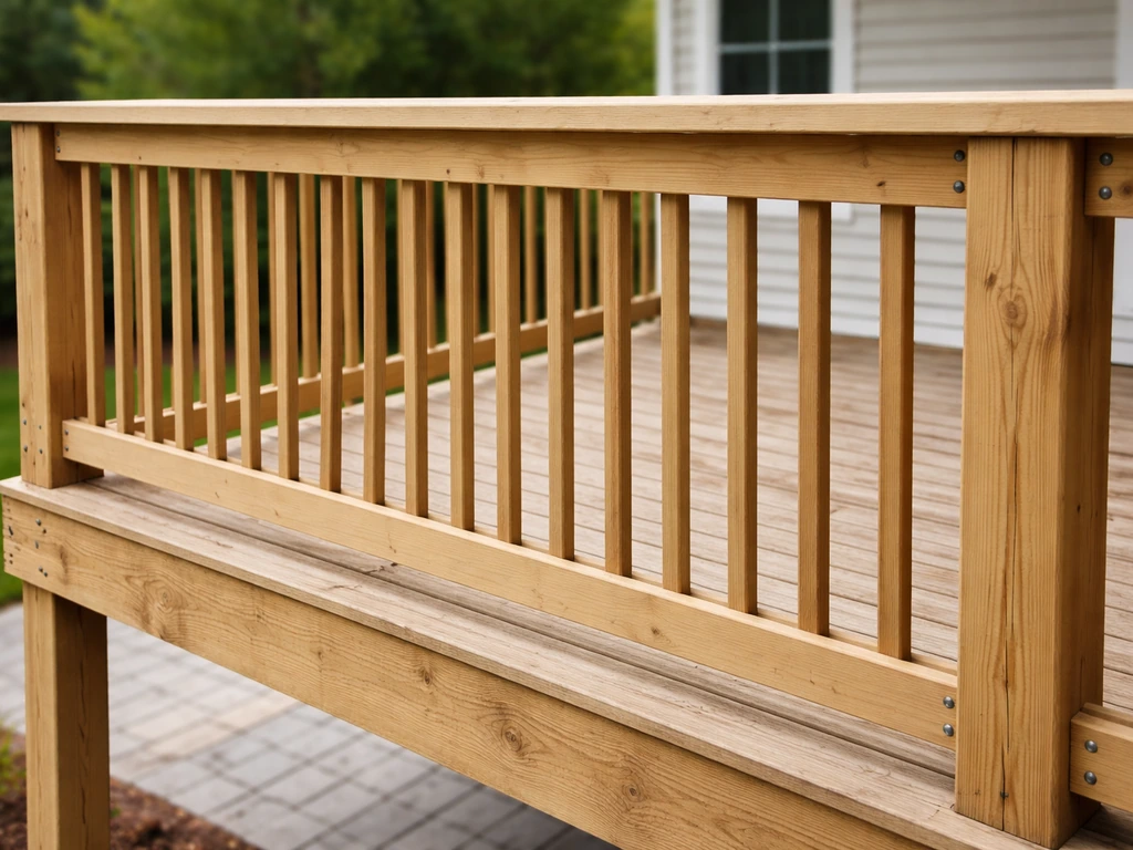 Elevated deck edge showing a sturdy guard railing with vertical balusters above a patio.