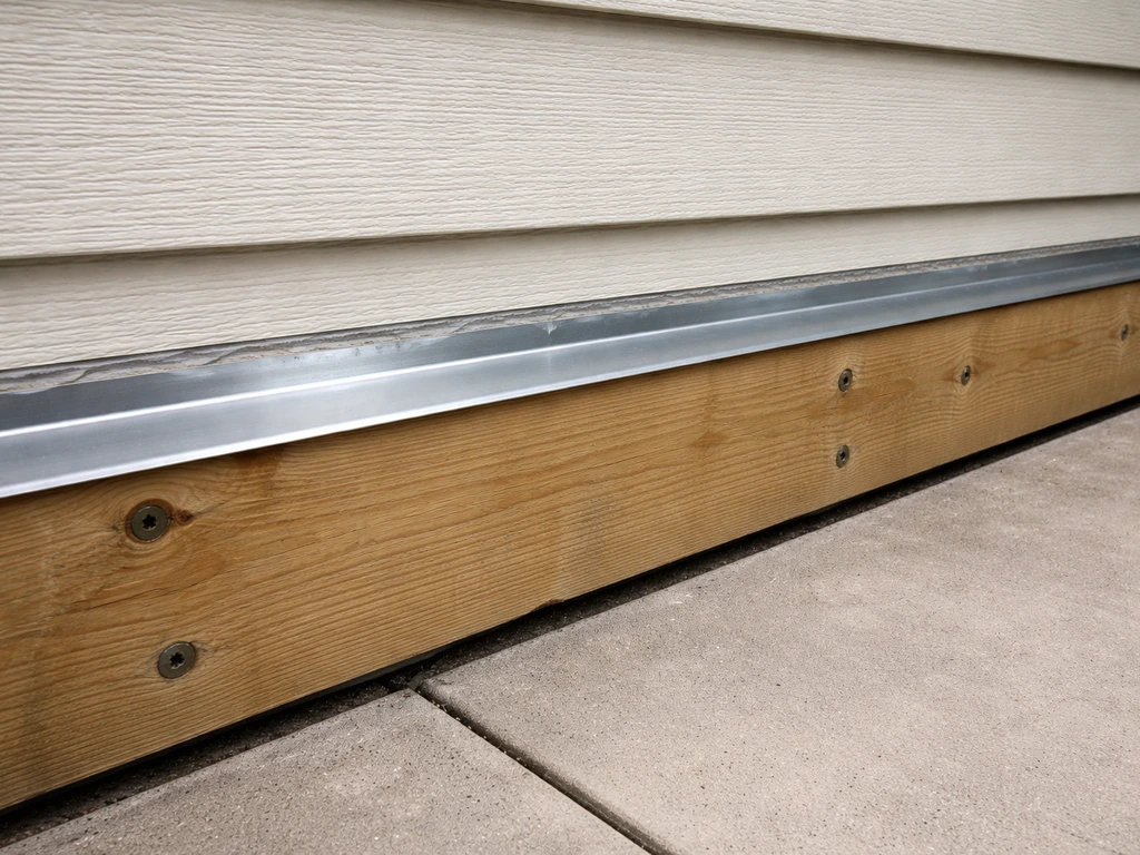 Close-up of layered ledger flashing and sealant behind exterior cladding at a patio connection