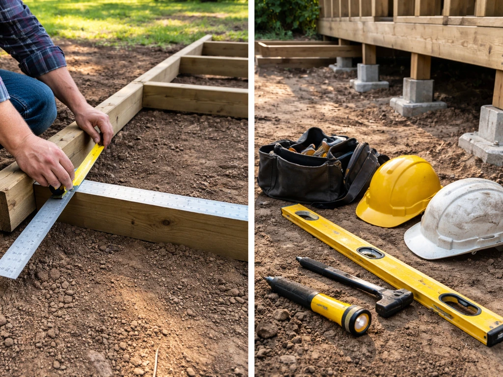 DIY hands squaring a deck frame beside exposed footings and pro tools, split contrast.