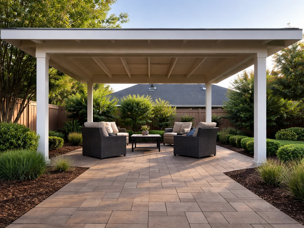 Backyard patio with a finished patio cover and outdoor seating in a bright, natural-light suburban yard.