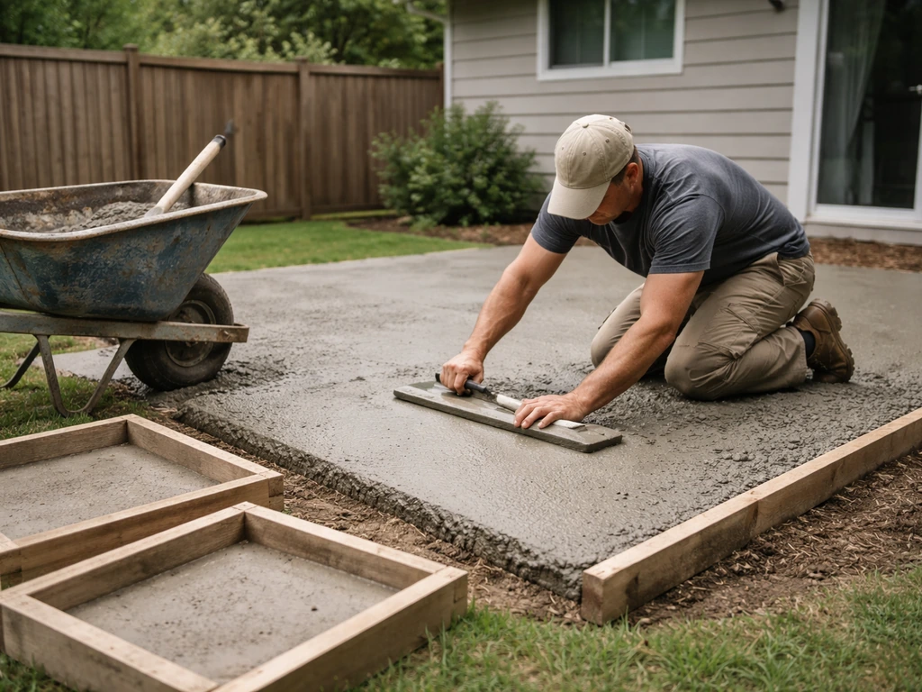 Anonymous worker leveling fresh concrete for a residential patio in a quiet backyard.