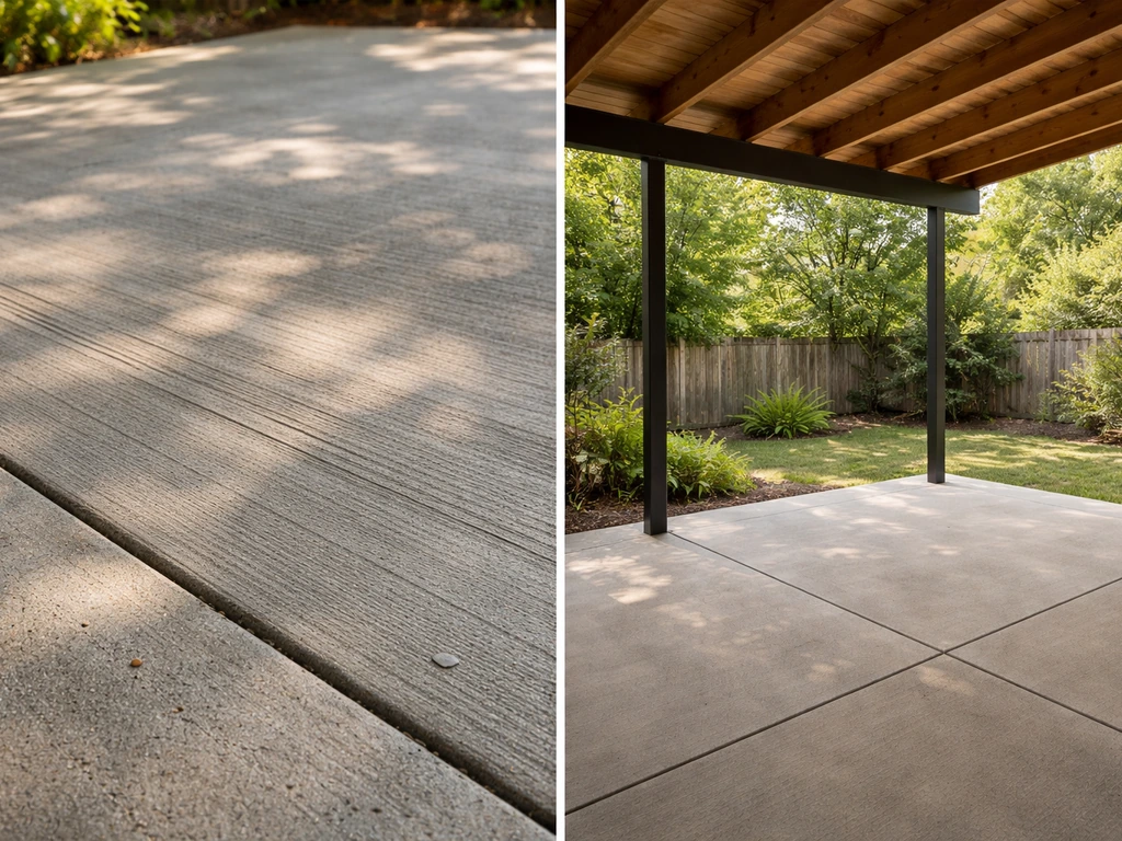 Minimal split photo showing a concrete patio texture and a simple patio cover beam in a quiet backyard.