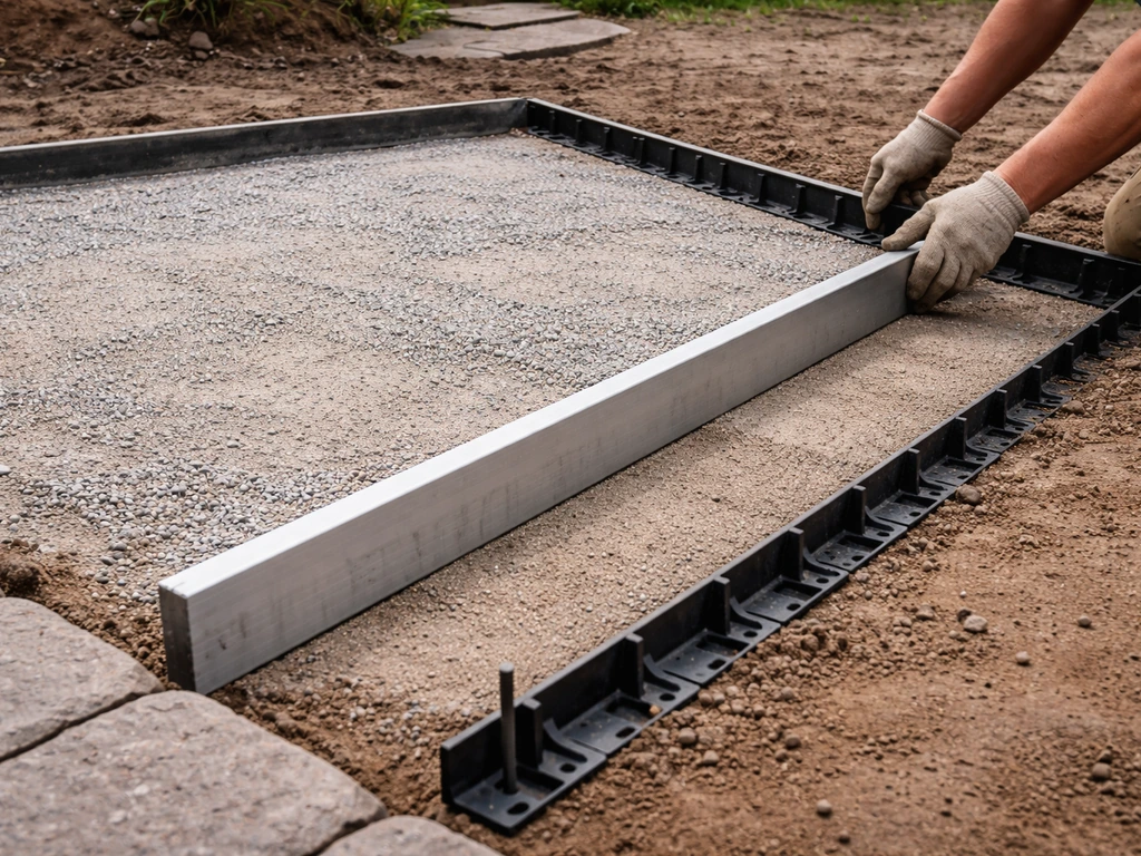 Fresh gravel/sand patio base with simple metal edging/form boards ready for pouring or paver laying.