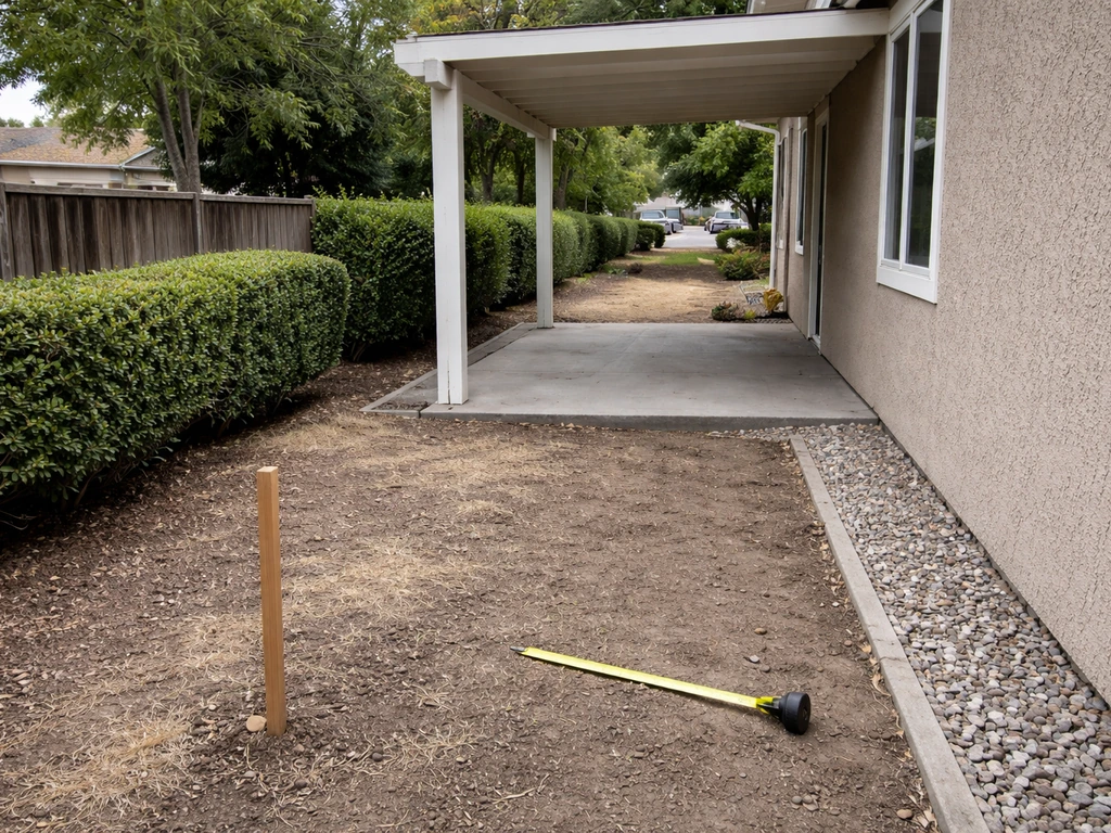 Side yard showing an attached patio cover and open space near the property line for permits/HOA considerations
