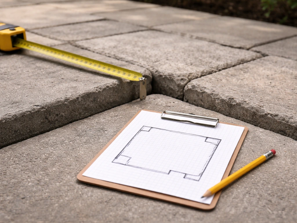 Tape measure laid along patio perimeter beside a simple hand sketch for an enclosure layout.