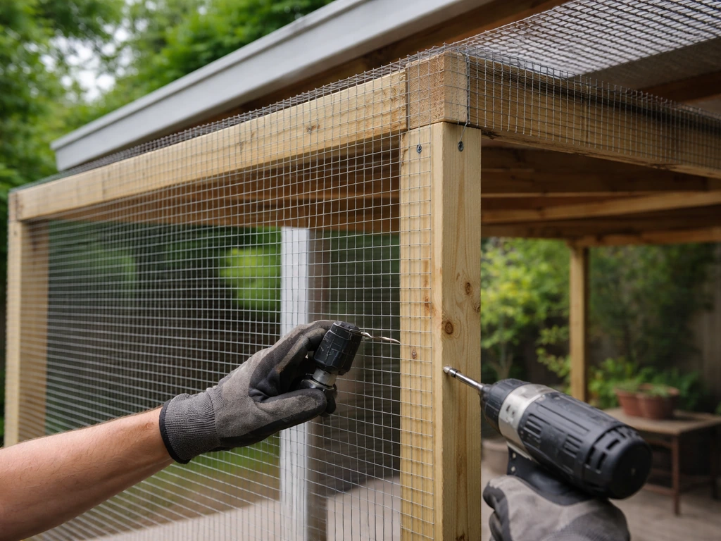 DIY outdoor enclosure framing with pressure-treated lumber and wire mesh being attached, roof edge visible