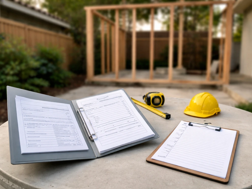 Unopened permit paperwork and checklist on an outdoor table beside patio framing.