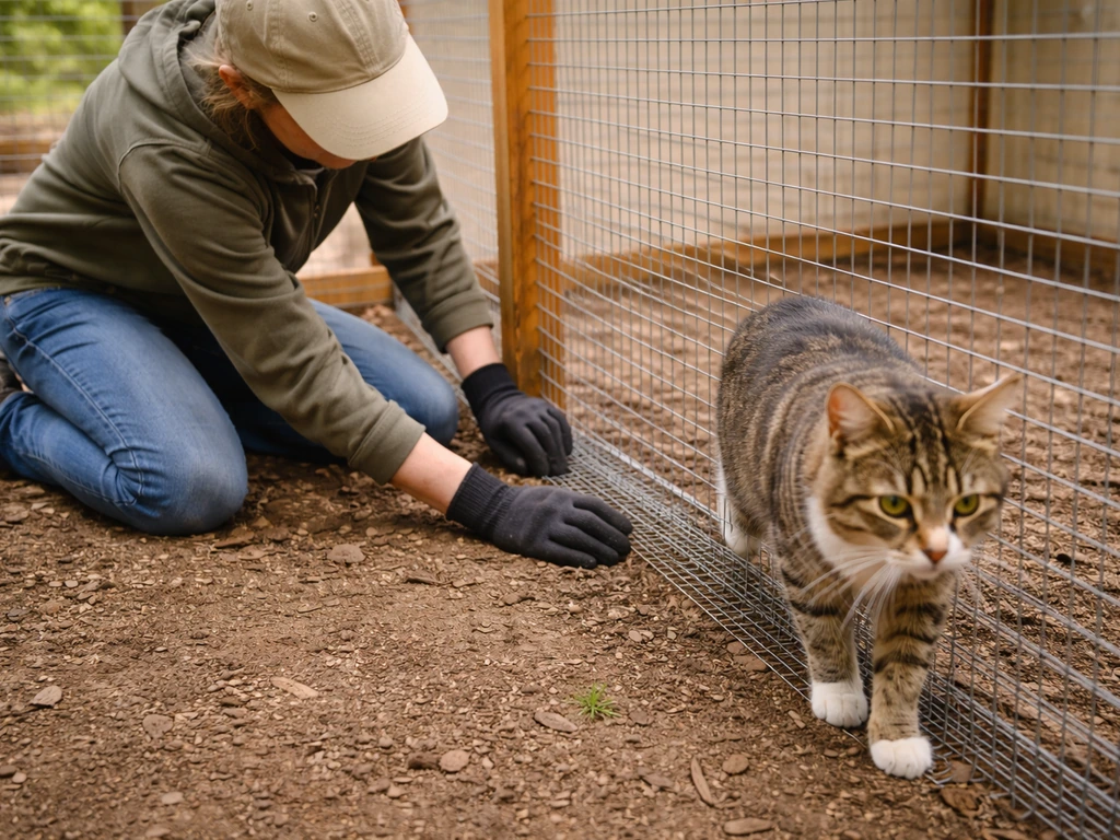 A kneeling person checks the mesh-to-ground seam while a cat calmly explores the enclosure.