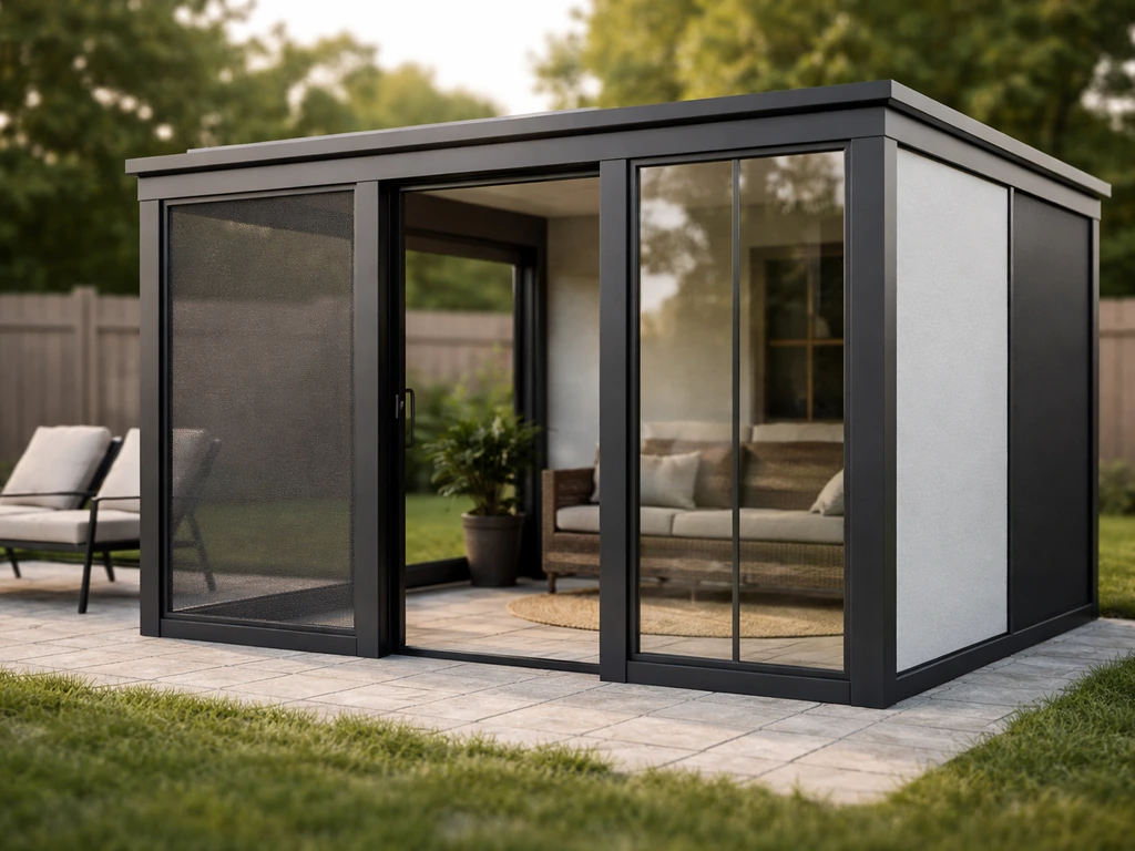 Minimal patio room exterior with a blurred background, suggesting typical enclosure cost comparisons.
