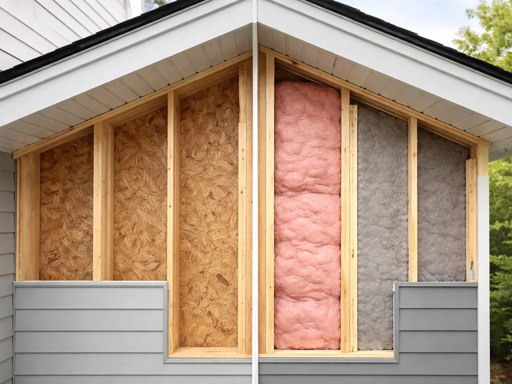 Cutaway-style photo showing a simple roof and wall with insulation layers for comfort and energy efficiency.