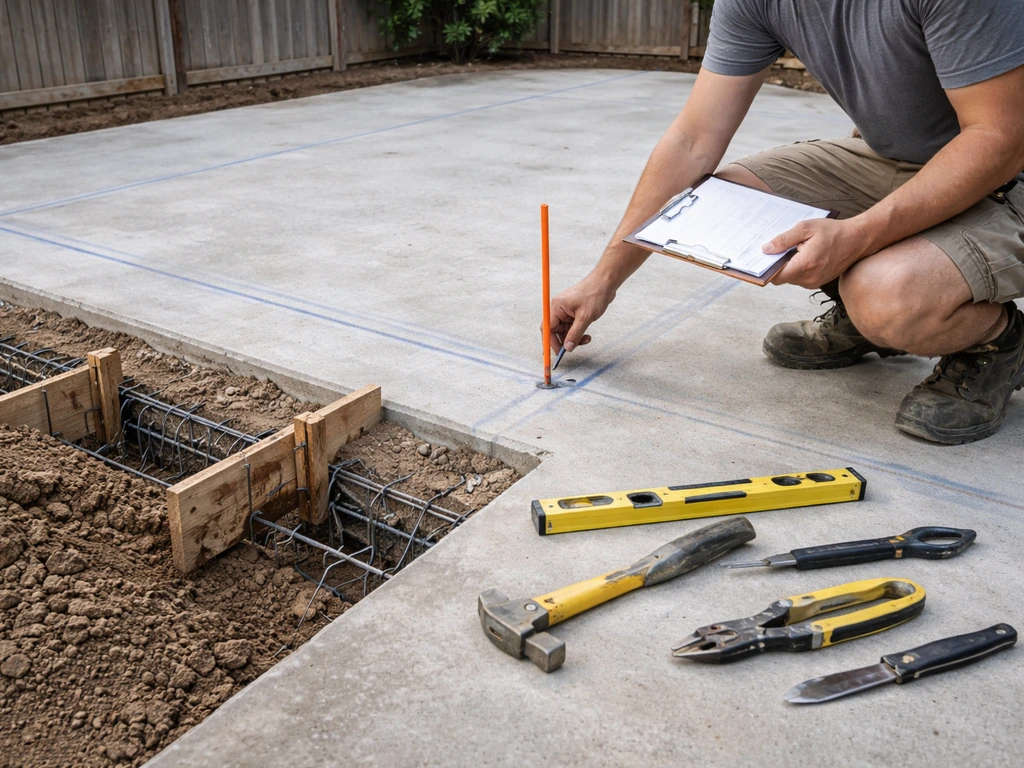 Contractor marking a patio room footprint on a residential slab with tools and stakes under natural light.