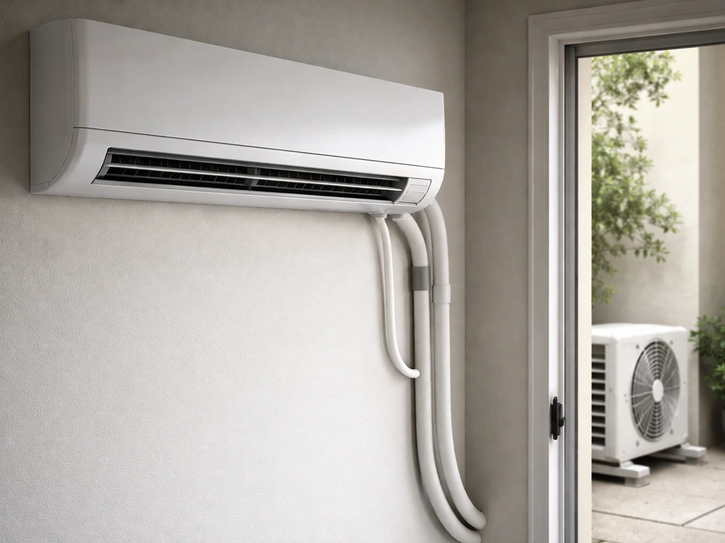 Ductless mini-split indoor head and outdoor condenser placement beside simple HVAC components.