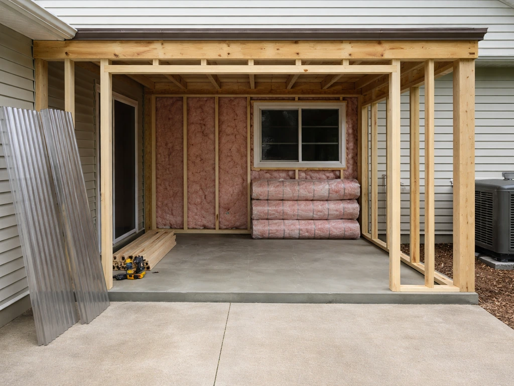 Concrete patio with a small three-season room frame, glazing, insulation, and HVAC elements in soft daylight.