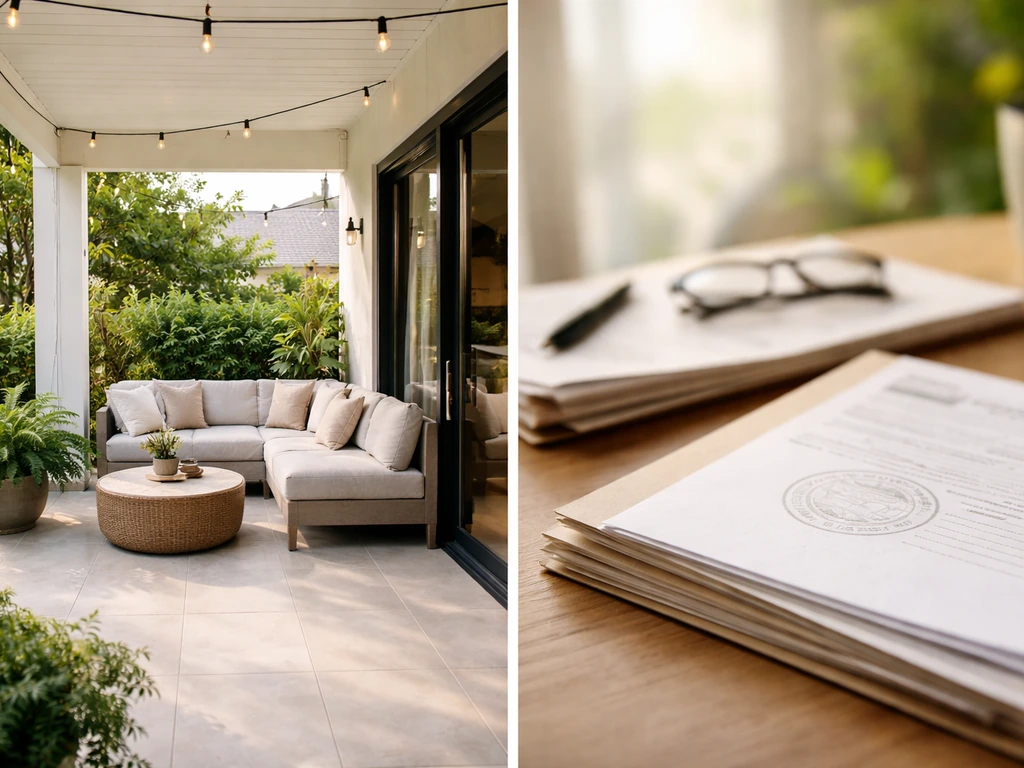 Finished covered patio with outdoor living details beside a blurred permit stamp document, implying code/permit clarity.