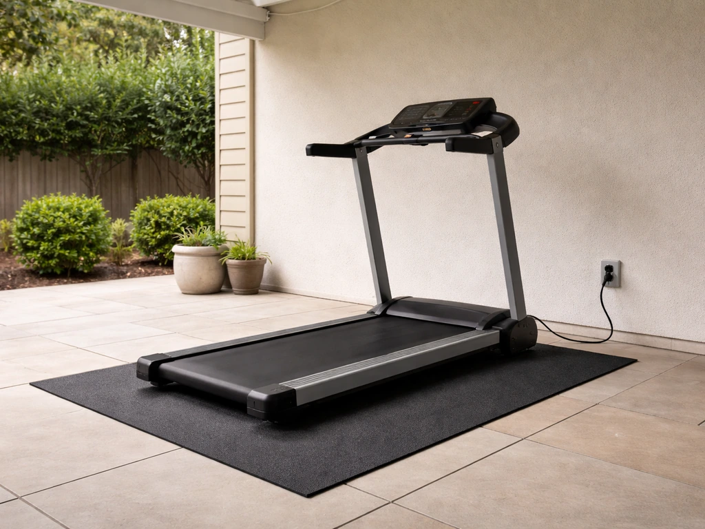 Treadmill on a covered patio, centered on a rubber mat with clear safety positioning and tidy outdoor power.
