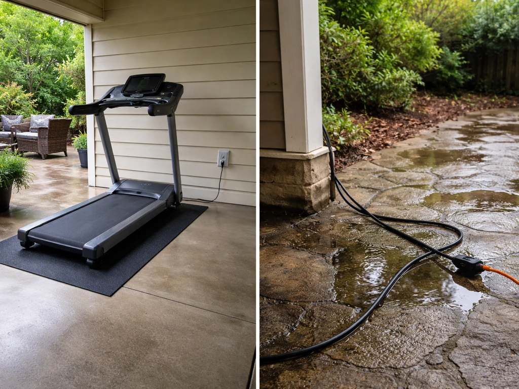 Covered patio with level mat and treadmill, next to an unsafe uneven wet electrical setup (no exposed person).