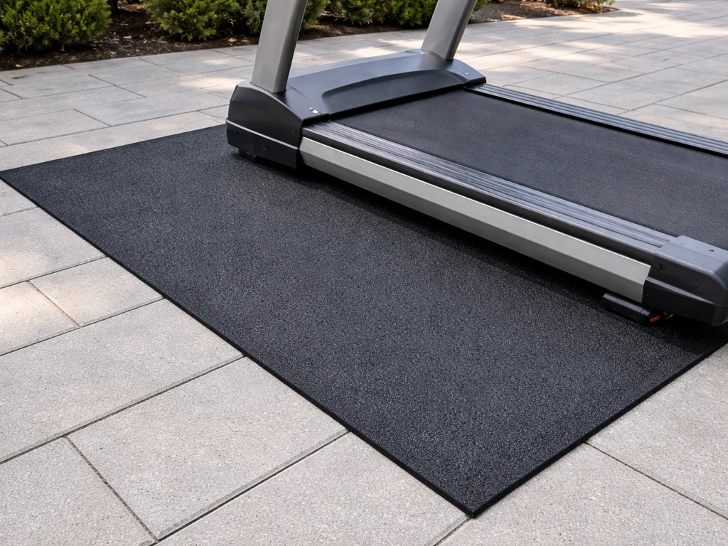 Treadmill belt and rubber mat on level patio concrete, showing stable alignment and slip-resistant traction.