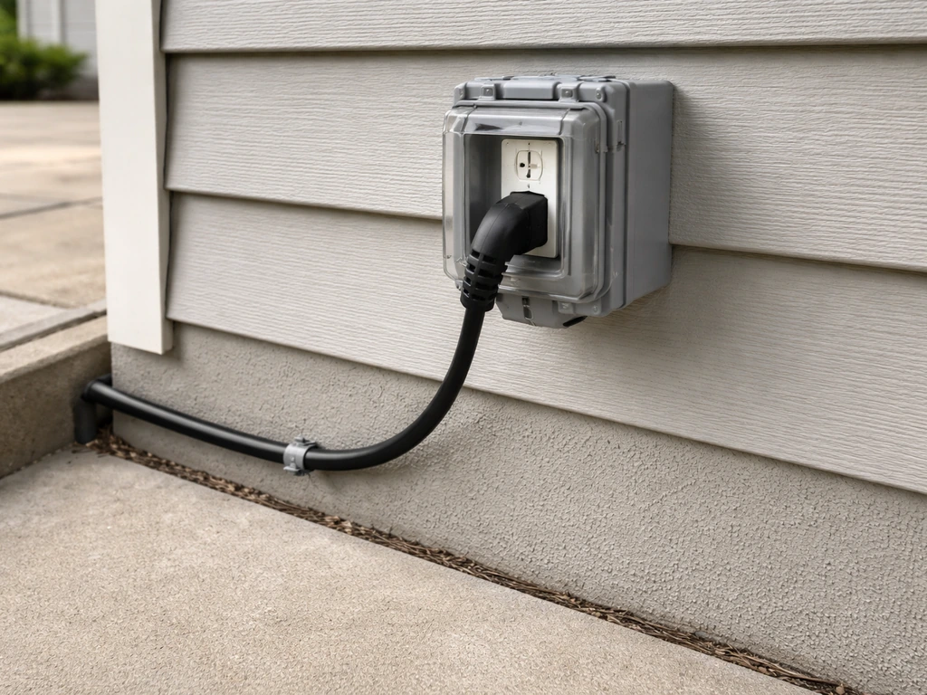 Weatherproof outdoor GFCI outlet with a properly plugged-in, neatly routed power cord away from walk paths.