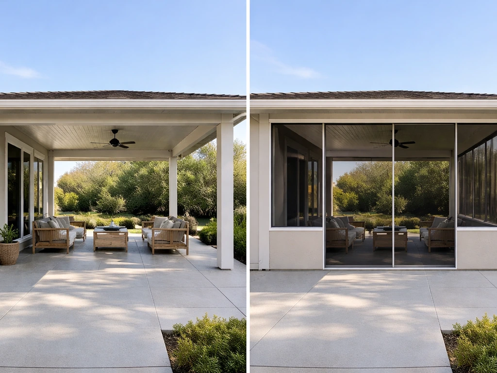 Side-by-side view of an open covered patio and a more enclosed California room with partial walls and screens.