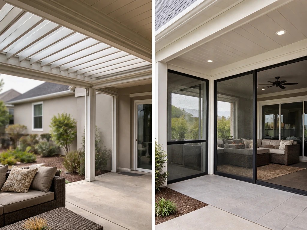 Minimal view of an aluminum patio cover beside a partially enclosed California room with glass panels