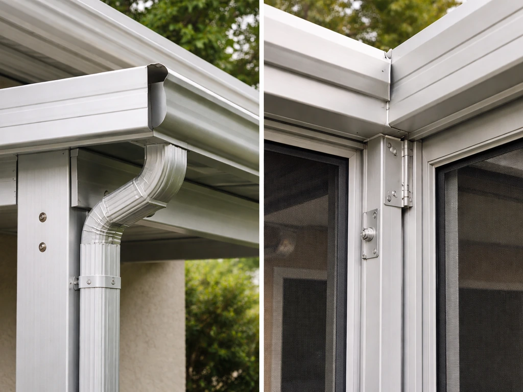 Close-up of aluminum patio cover frame and gutter/drainage details beside an enclosed California room area with hinges a