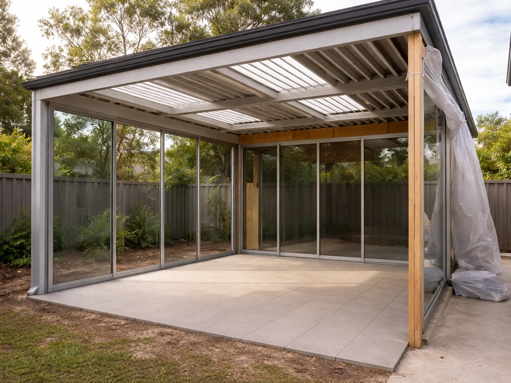 Australian backyard patio with new glass side panels and louvre roof framing being enclosed into a room
