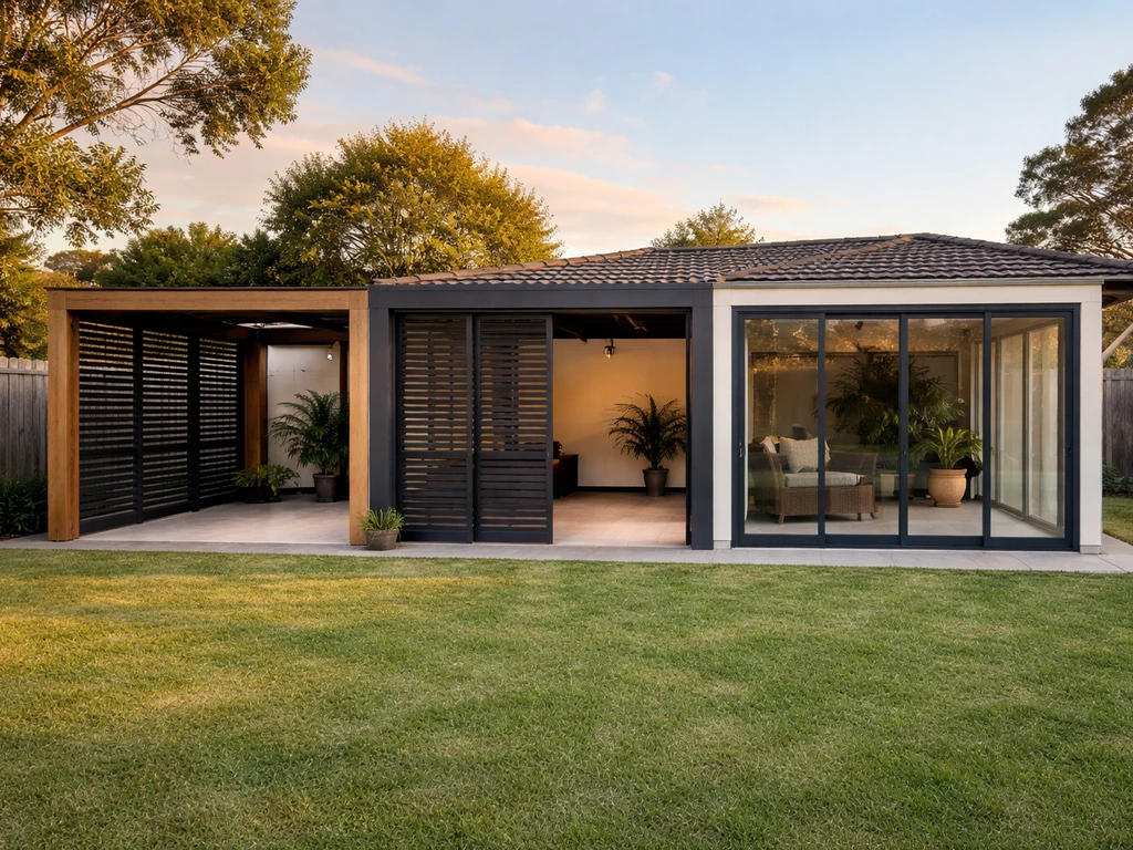Three patio enclosure styles in an Australian backyard: louvres, screens, and a fully glazed room option.