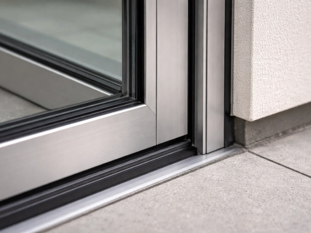 Close-up of a glazed door frame showing seal lines, glazing bead, and threshold installation details.