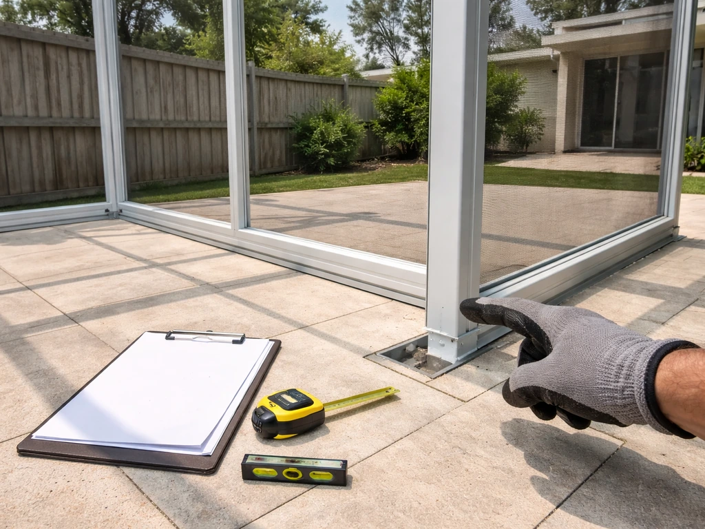 Builder’s gloved hand near a partially built patio enclosure frame with blank documents and tools on the ground.