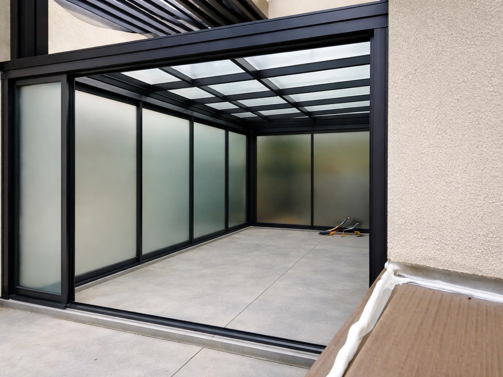 Modern patio enclosure with louvre roof, glazing panels, and fresh seals completed for weather-tight coverage.