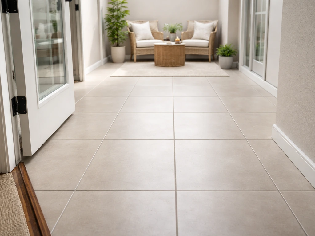Enclosed patio with porcelain tile flooring leading from doorway to a quiet seating area, clean grout lines.