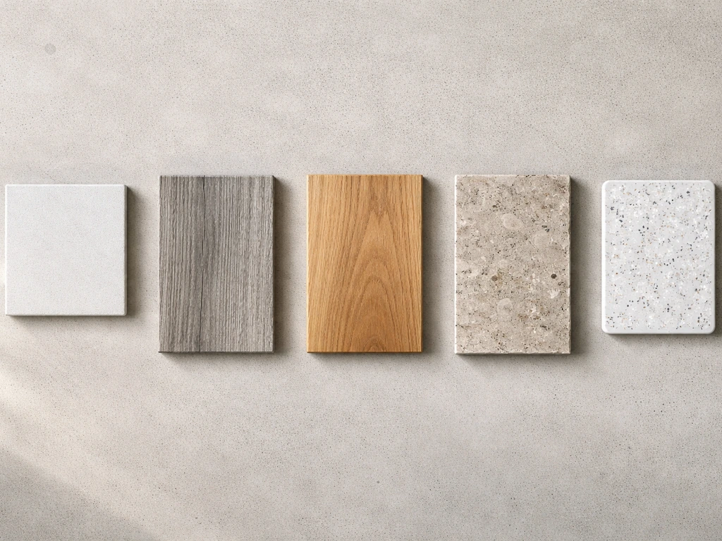 Flat-lay of enclosed-patio flooring material samples side by side: porcelain tile, LVP, engineered wood, stone pavers, e