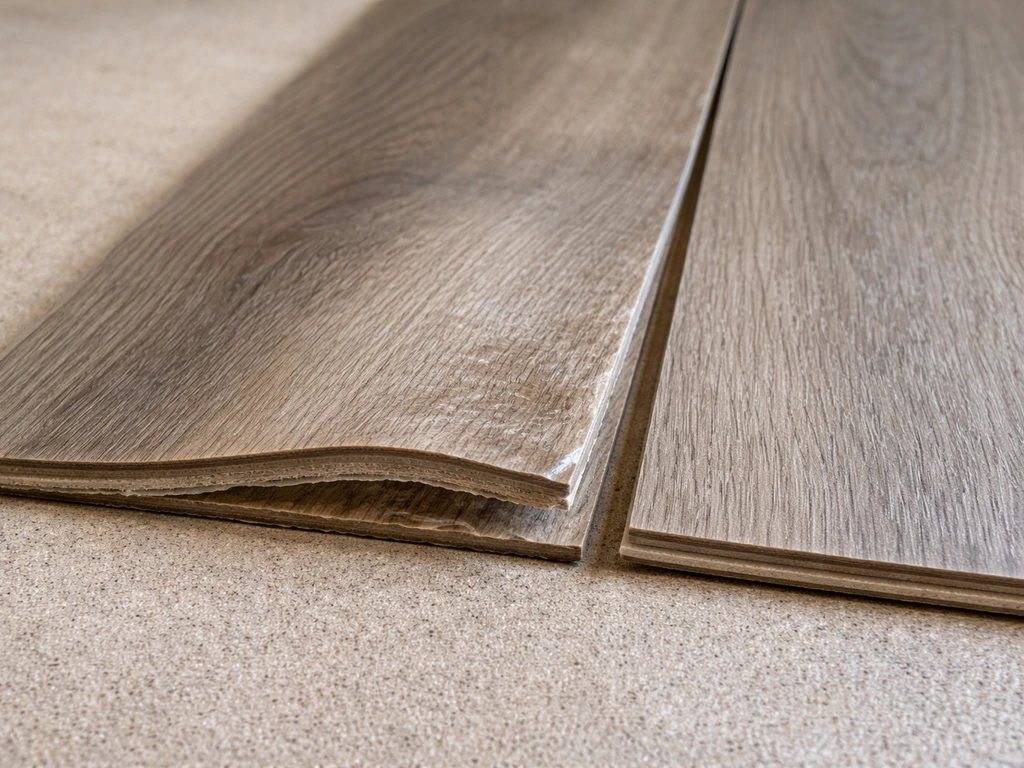 Damaged laminate board with warped, bubbled surface beside a flat intact laminate board.