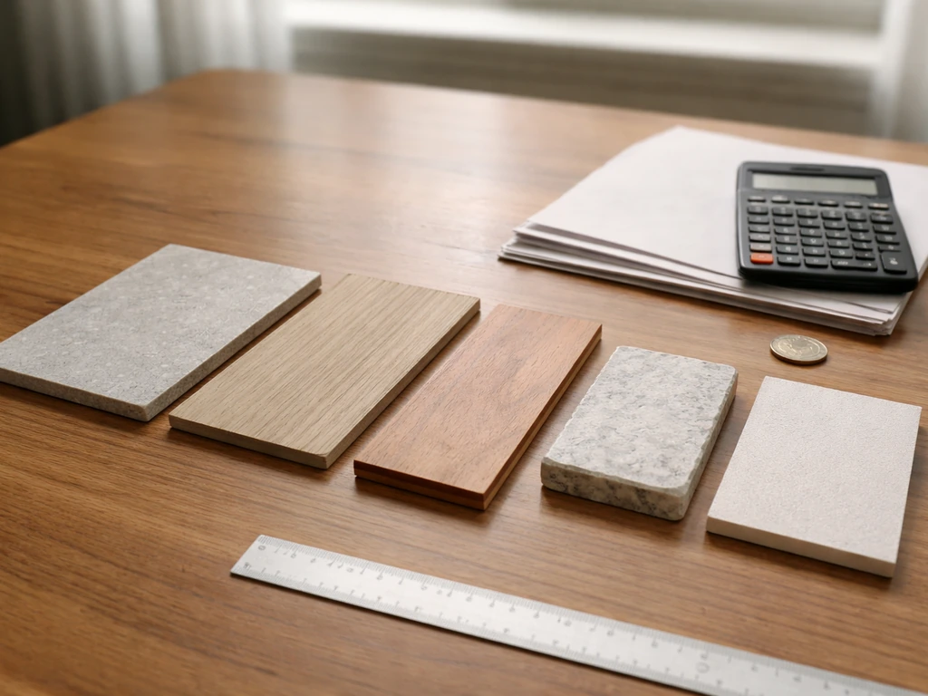 Close-up of different flooring material samples on a desk with a calculator, suggesting cost comparison.