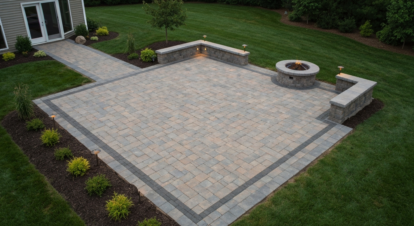 20×20 EP Henry-style paver patio with contrasting border, seating wall, and circular fire pit, photographed in warm late-afternoon light.