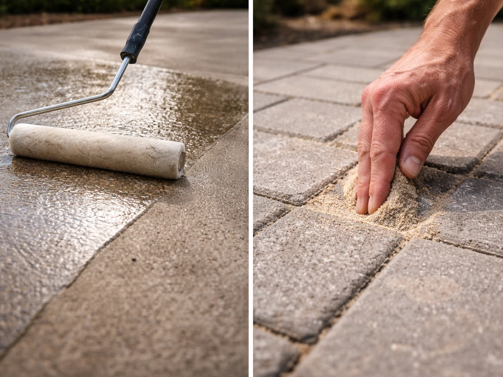 Close-up of concrete being resealed with a roller and paver joints filled with sand.