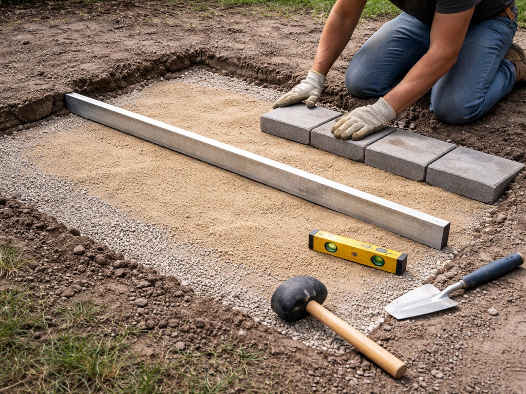 DIY paver patio setup with excavated edge, compacted base, and laying initial pavers using a level.